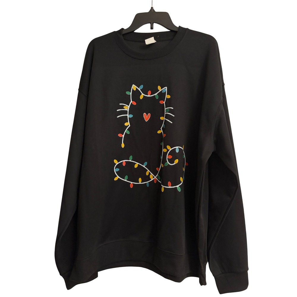 Haloo Christmas Cat Lights Sweatshirt Black Crewneck 2XL Holiday Cozy Pullover